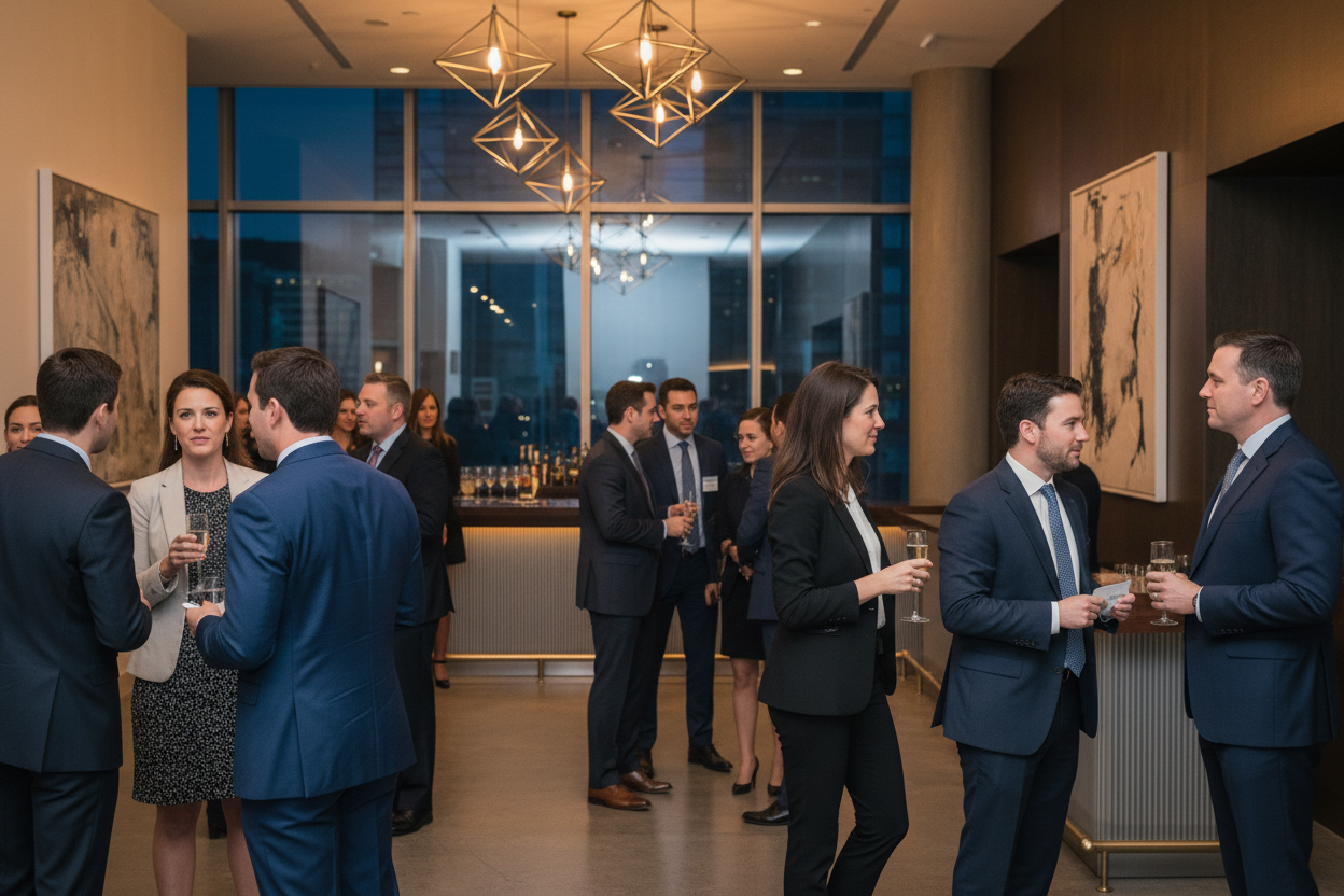 Crea una imagen de un evento de networking, de gente profesional